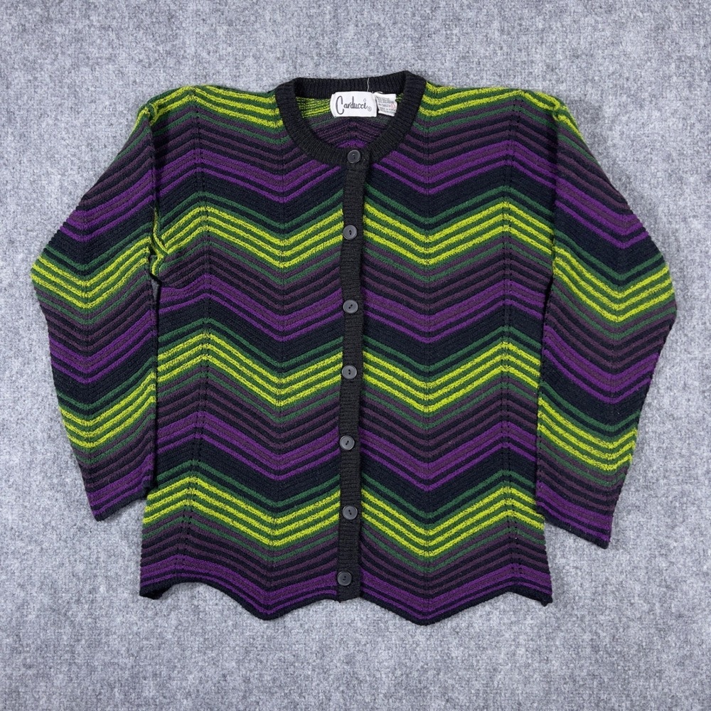 Carducci Chevron Cardigan Sweater Womens Large Purple Green Zig Zag Vintage